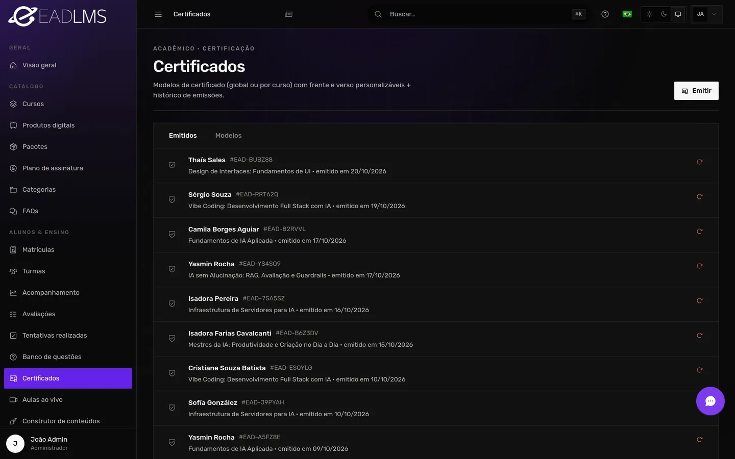 Lista de certificados emitidos por uma escola online, com nome do aluno, curso e código de validação