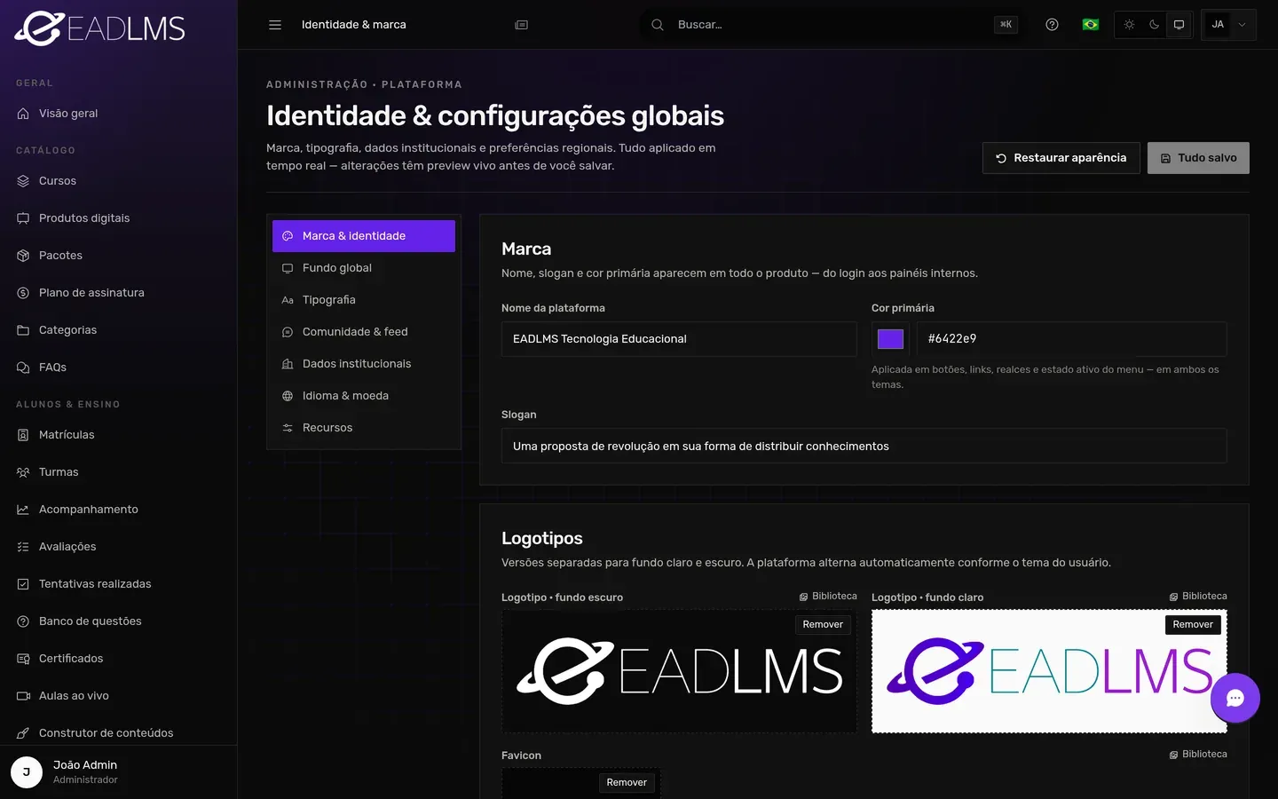 Tela de identidade e marca da escola com nome, cor primária, logotipos e favicon