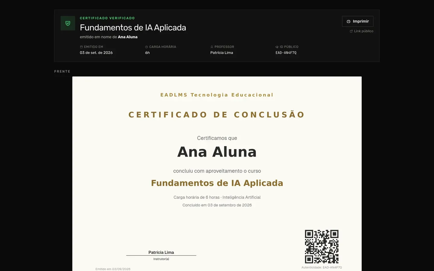 Página pública de validação de certificado com código e dados do curso