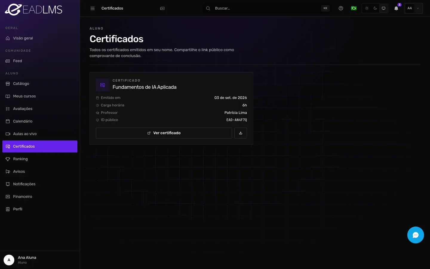 Certificados de uma aluna prontos para baixar, listados com nome do curso e data de conclusão