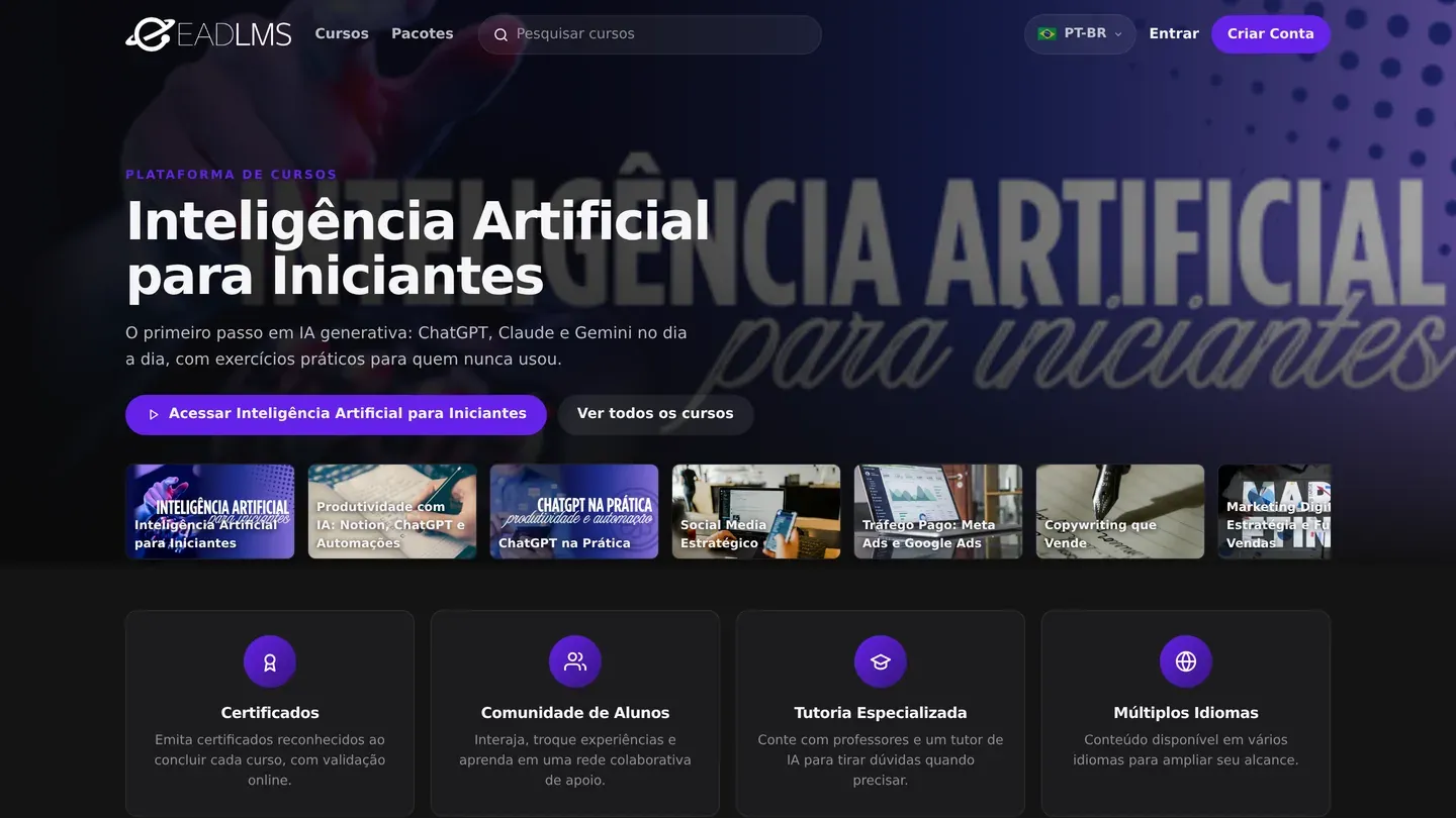 Página inicial de uma escola online na EADLMS, com curso em destaque, categorias e catálogo