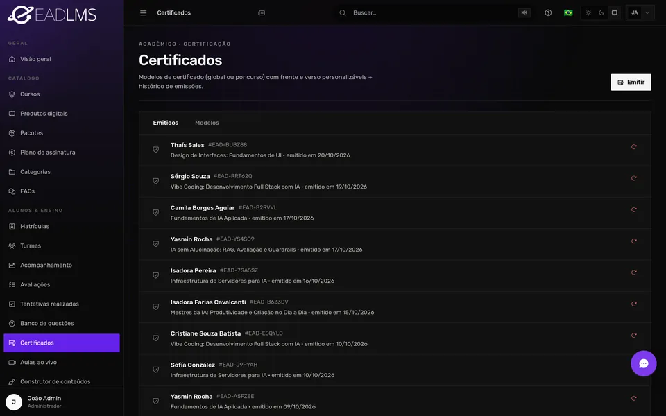 Certificados emitidos pela escola com aluno, curso e código de validação