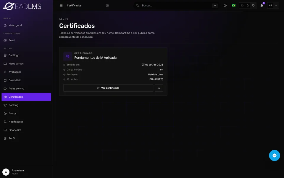 Certificados da aluna prontos para baixar e compartilhar
