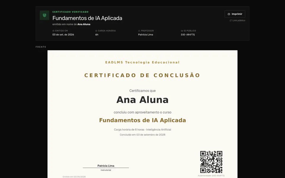 Página pública de validação do certificado com o código e os dados do curso