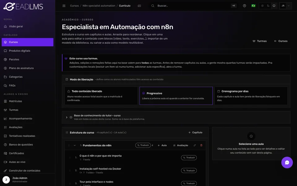Currículo do curso com os modos de liberação: tudo liberado, progressivo ou por cronograma
