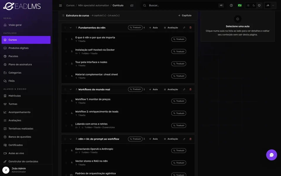 Currículo do curso com capítulos e aulas que podem ser reordenados arrastando