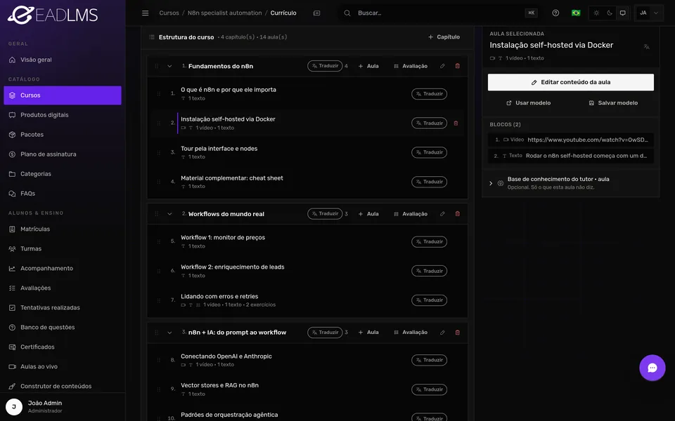 Aula selecionada no currículo com os blocos de vídeo e texto listados ao lado