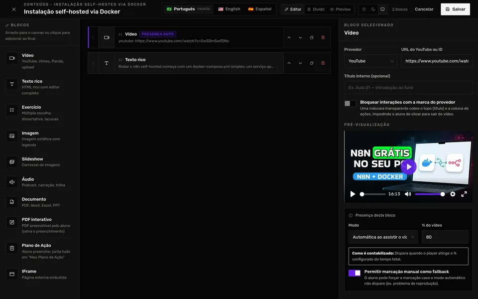 Construtor de conteúdo da aula com bloco de vídeo do YouTube e bloco de texto