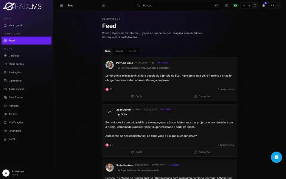 Feed da comunidade com publicações, comentários e reações dos alunos