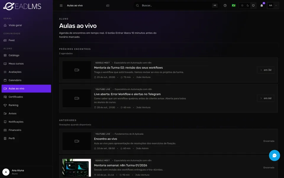 Próximas aulas ao vivo da aluna com data e link