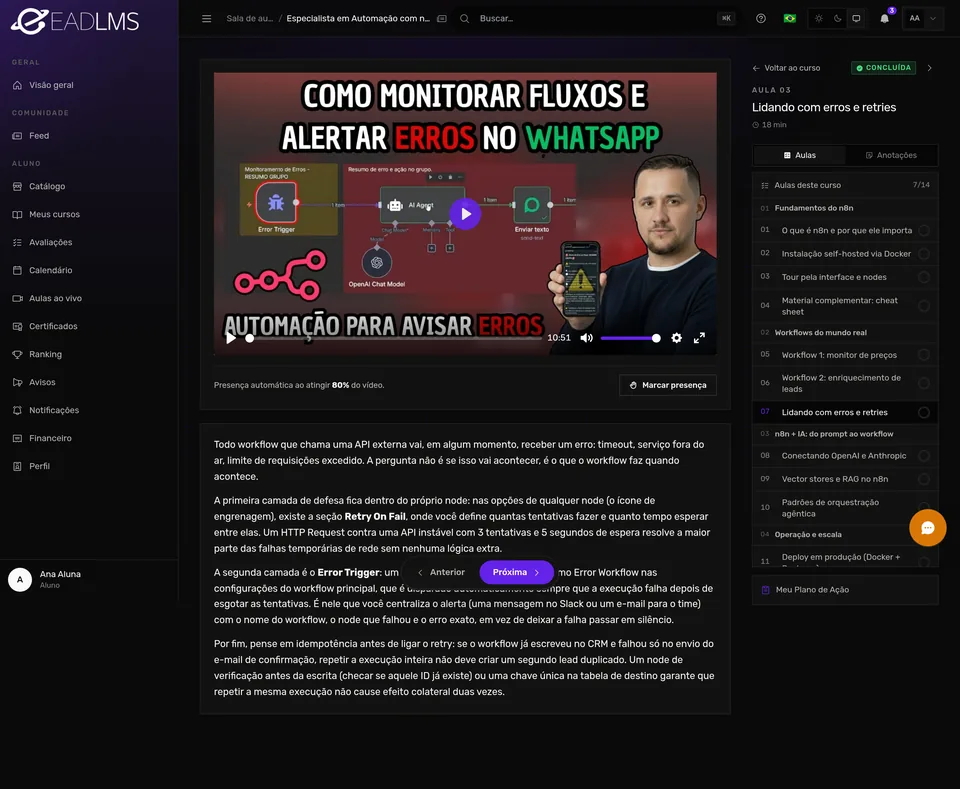 Aula com vídeo, texto de apoio e presença registrada automaticamente