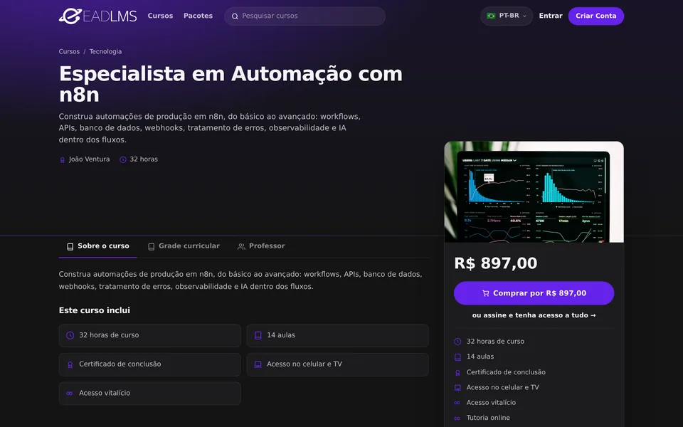 Página pública do curso de n8n com preço, professor e grade de aulas