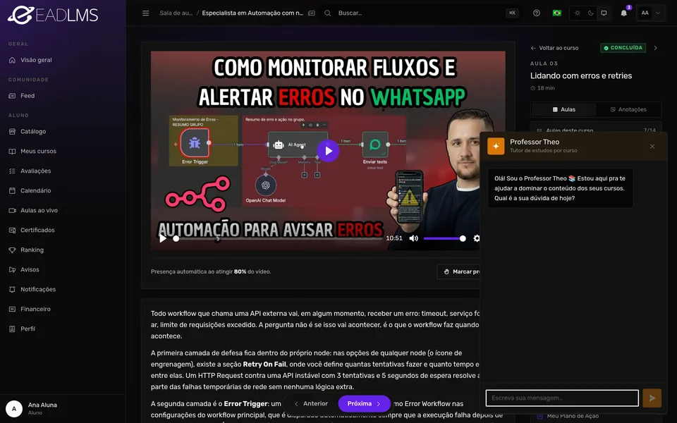 Painel do tutor de IA aberto ao lado da aula