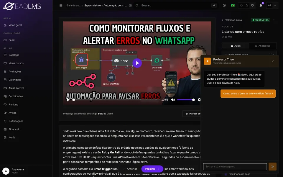 Pergunta enviada e o tutor de IA preparando a resposta