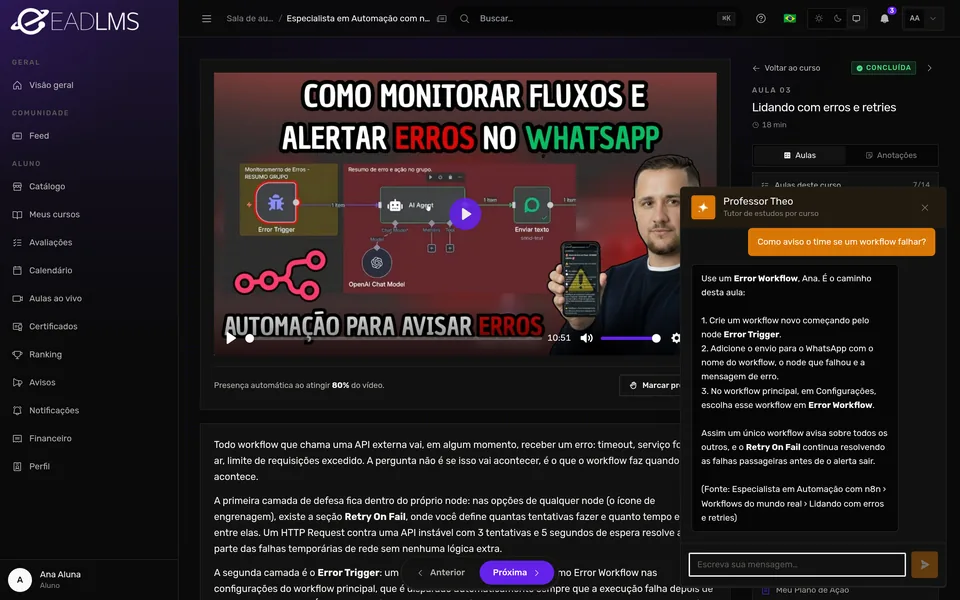 Tutor de IA citando a fonte: curso, capítulo e aula