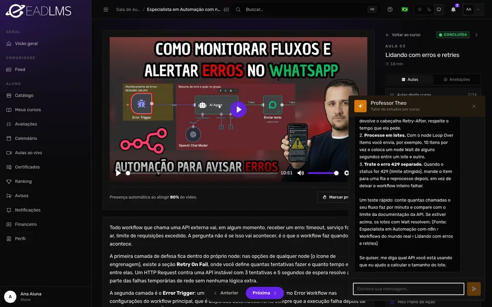 Tutor de IA respondendo a dúvida da aluna e citando a aula de onde tirou a resposta